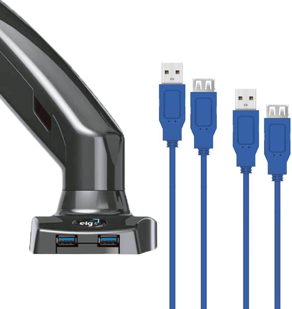 Base of ELG F90USB monitor arm with two USB ports and connected USB cables.