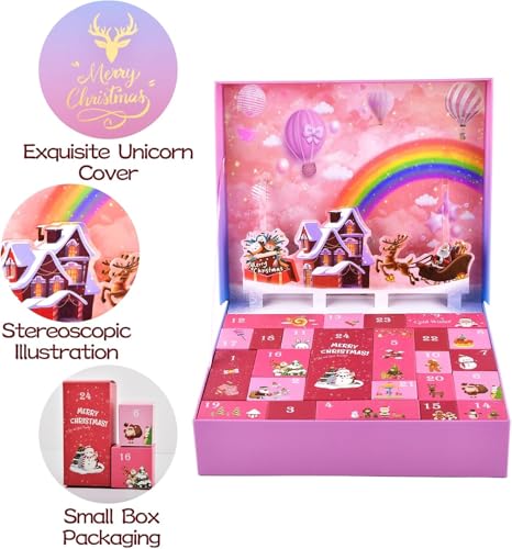 SenZjx Calendario de Adviento 2025 para niñas, calendario de Adviento de Navidad para niños, regalo con 24 días de sorpresas, incluyendo joyas, accesorios para el cabello, pulsera de unicornio, anillo