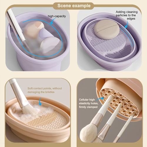 Image of Foldable silicone makeup brush cleaning bowl, makeup tool cleaning bowl, makeup brush cleaning tool storage and Makeup cotton drying rack(purple) (khaki)