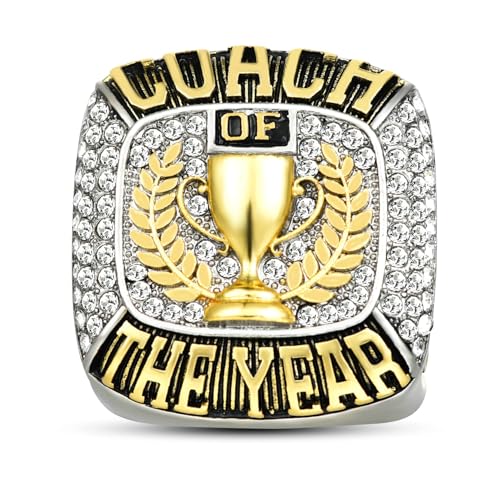charlinliol Coach of the Year Ring, Championship Award Ring for Coaches, Gold-Tone Plated with CZ Stones, Appreciation Gift for Football Basketball Baseball Coaches, Gift Box Included
