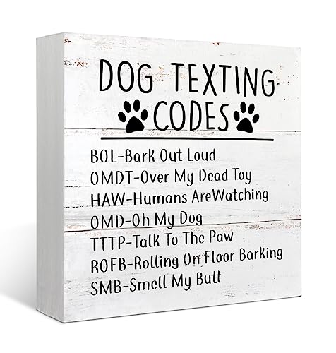 Mtrgdn Dog Texting Codes Rustic Dog Wood Box Sign Desk Decor Funny Dogs Paw Print Wooden Box Block Sign Decorations for Home Wall Tabletop Desk Decor Dogs Lover Gifts