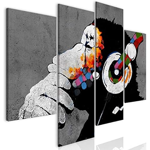 decomonkey | Canvas Print Banksy Monkey | 49.6" x 38.6" / 126x98 cm | Wall Art | Wall Picture | Non-Woven Canvas | Photo 4 pieces | City Graffiti Street Art Animal Design Decoration Print Decor | Grey Cover