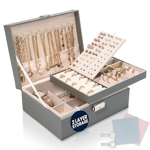 Sasha Morel 2-Layer Jewellery Box with Lock & Keys, Velvet Lined Travel Jewellery Box - Organiser - Necklace and Ring Storage, Gift for Girls and Women - Ideal for Home Accessories - Grey