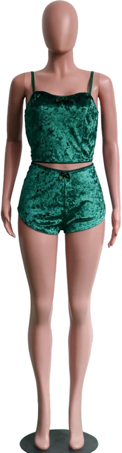 Angsuttc Women's Velvet 2 Piece Outfit Spaghetti Strap Crop Top Shorts Pajamas Set Sleepwear Nightwear - Image 5