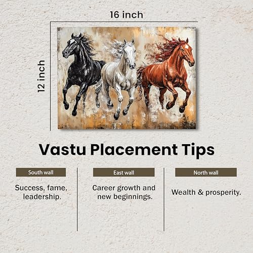 Image of 3 Running Horses Vastu Stretched Canvas Painting For Living Room Symbol of Strength Three Vastu Horse Wall Art Painting for Home & Office, 12x16 Inch
