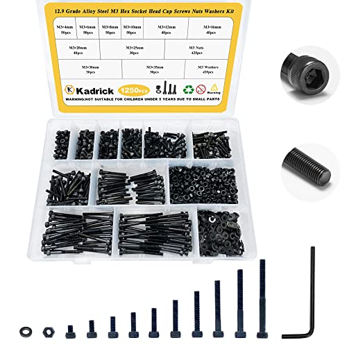 Kadrick FB-M3-1250-BH-0017 Pcs M3 Screws And Nuts Assortment M3X4Mm-35Mm, Hex Socket Head Cap Metric M3 Machine Bolts Kit, 12.9 Grade Alloy Steel,Anti-Rust Up Graded,Black Zinc Plated,Free Allen Head Wrench cover