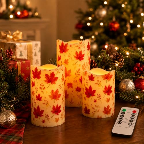 Image of Maple Leaf Flameless Candles with Remote Timer, 3 Pack LED Pillar Candles 4 /5 /6 Inch, Warm White Flickering Battery Operated Candles for Fall Thanksgiving Christmas Decor