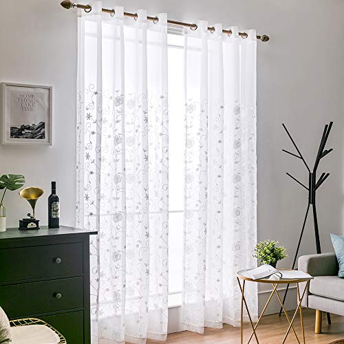MIULEE 2 Panels Embroidered Sheer Window Flower Design Grommet Curtains Window Voile Panels/Drape/Treatment for Bedroom Living Room Flower 55" Wx 57" L White - Image 2
