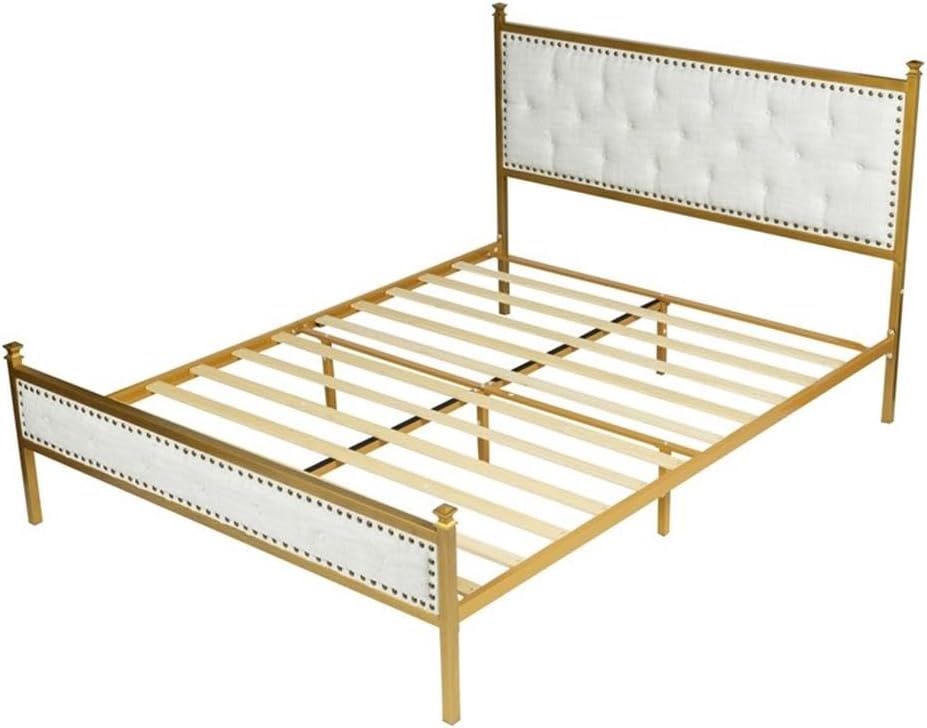 Pemberly Row Queen Upholstered Bed Frame, Gold Metal Tufted Headboard, Nailhead Trim, Diamond-Button Design, 9.5" Under-Bed Storage, Sturdy Construction, 4 Deco Posts, Modern Bedroom Furniture