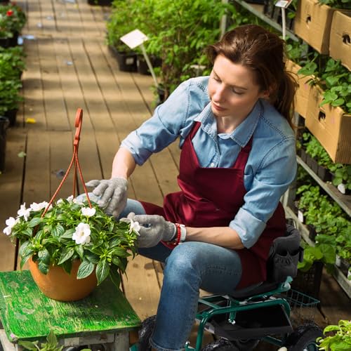 Outvita Rolling Garden Seat with Wheels, Gardening Stool with Height Adjustable 360 Degree Swivel Seat, Ergonomic Backrest, Tool Tray & Storage Basket, Outdoor Gardening Scooter Cart for Patio, Green - Image 3