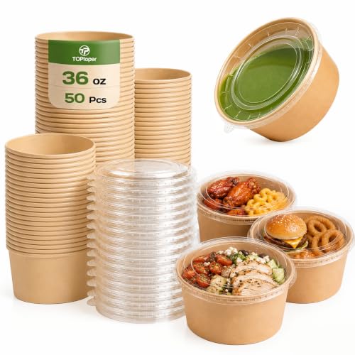 TOPtoper 36Oz 50Pcs Large Paper Bowls with Lids, Disposable Soup ...