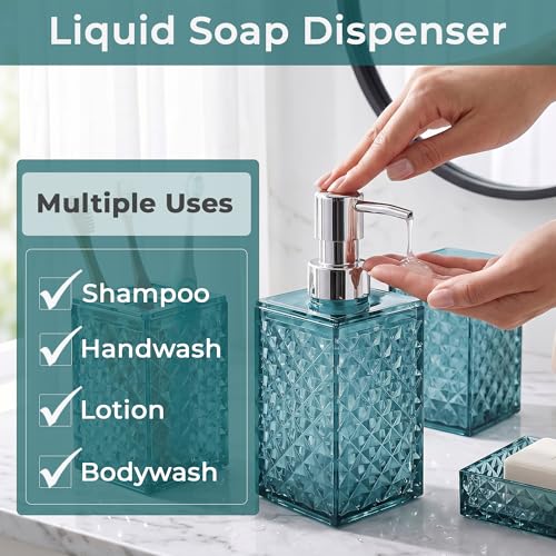 Image of Story@Home 4 Pieces Bathroom Accessories Set - Teal | Toothbrush Holder, Soap Dispenser, Mouth Wash Cup & Soap Dish for Home Kitchen & Bathroom | Bathroom Essentials for Office