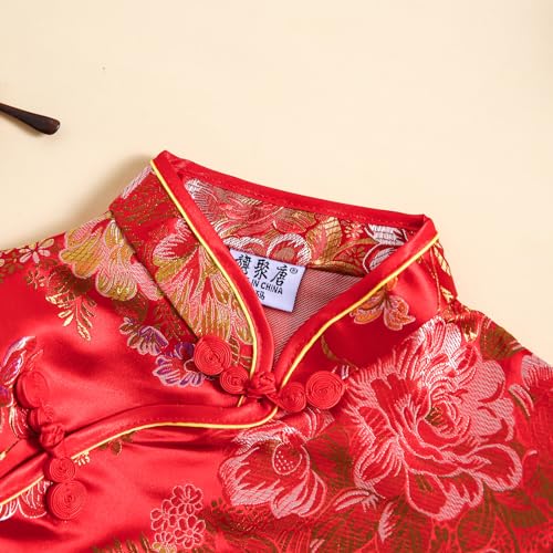 Girls Qipao Peony Long Sleeve Dress Chinese New Year Clothing Chinese Traditional Clothes for Kids Toddler 1-12Y4