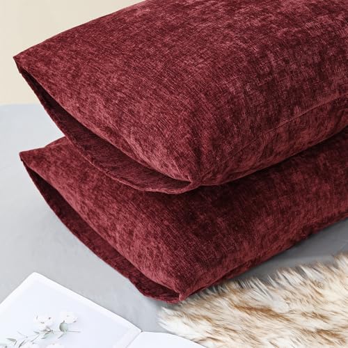 Image of CaliTime Pack of 2 Cozy Standard Pillow Shams Cases for Bed Bedding Decoration Solid Dyed Soft Chenille 20 X 26 Inches Burgundy