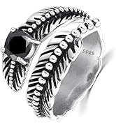 AVECON 925 Sterling Silver Ring Feather Ring/Feather Black Onyx Rings/Feather Turquoise Rings Adj...