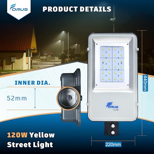 Image of Forus LED Street Light 120W Waterproof IP66 Outdoor Yellow Lamp for Home Garden Parking Lot Road Pathway Highway Warehouse Factory Yard Driveway Pole Mounted LED Streetlight 5 Years Warranty 1Pc