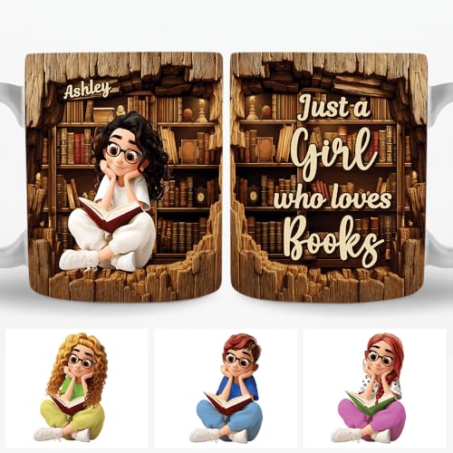 Image of Personalized Books Lover Mug, 11oz 15 oz Ceramic Coffee Cup, Just A Girl Who Loves Reading Books Design, Gift for Women Readers, Christmas (Book-Cartoon)