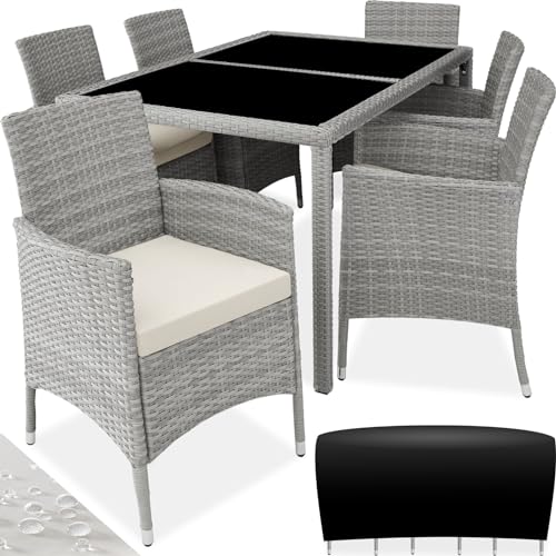 tectake® Salon de Jardin Exterieur en Poly Rotin avec Table de Jardin & 6 Chaise Confortable, Résistant aux UV, Mobilier de Jardin pour Amenagement Balcon ou...