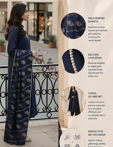 Image of Women's Blue Color Polyester Kurta Set with Pant & Dupatta | 3-Piece Suit