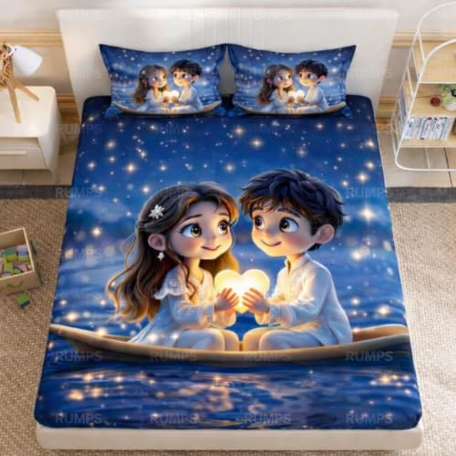 Image of RUMPS 7D Digital Printed Romantic Couple Theme Flat Double Bedsheet Set for Bedroom - 90x100 Inches, Includes 2 Pillow Cases - Ideal Wedding, Ultra-Soft HD Print Fabric