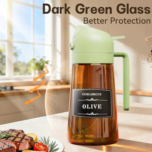 Image of Olive Oil Sprayer & Dispenser Bottle for Cooking 16oz Dark Glass Oil Mister | 2-in-1 Oil Sprayer & Pourer, Fine mist, Light-Blocking, Wide Mouth for Easy Refill & Clean, 8 Oil Labels, Reusable