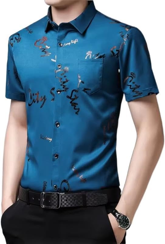 Men Summer Short Sleeve Print Silk Shirts Casual Cotton Slim Fit T-Shirt