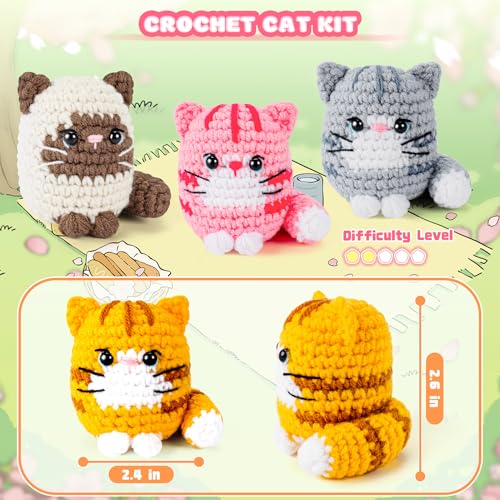 Crochet Kit for Beginners -4 PCS Cat Crochet Kit with Step-by-Step Video Tutorials, Learn to Crochet Kits for Adults, Beginner Crochet Kits for Adults, Animals Cat Crafts Knitting Kit Galentines Gifts - Image 2