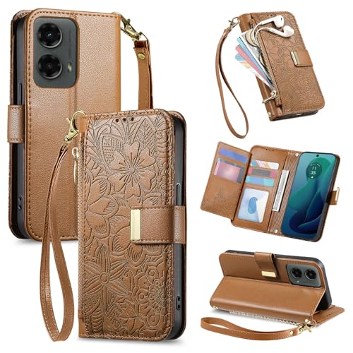Étui portefeuille Motorola Moto G 5G 2024 coque protection cuir floral zippé