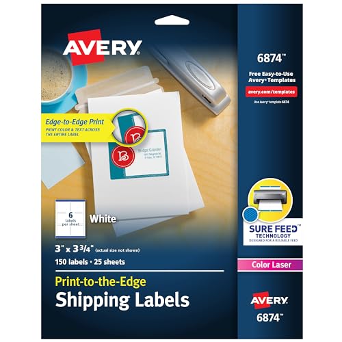 Étiquettes laser blanches Avery 6874 pour impression couleur, 5 paquets de 150 pièces