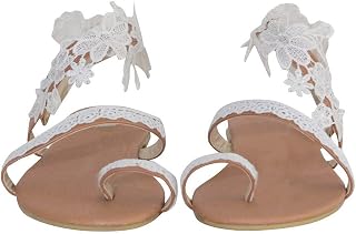 Flat Sandals for Women Dressy Boho Lace Flowers White Strappy Slip on Flat Sandals Open Toe Summer Beach Dressy Flip