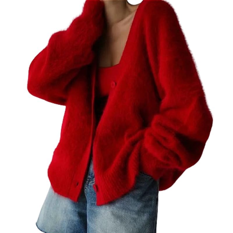 Image of Womens Fuzzy Sweaters Cardigan V-Neck Button Down Oversized Mohair Sweater Casual Y2k 2026 Fall Winter