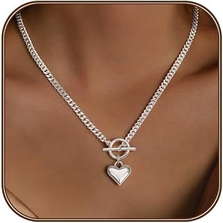 Airmb Silver Cuban Heart Choker Necklace for Women - 925 Plated Hypoallergenic Pendant, 17" Trendy Love Jewelry Gift