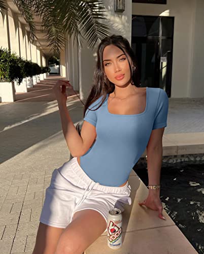 Image of OQQ Women's 2 Piece Bodysuits Sexy Ribbed One Piece Square Neck Short Sleeve Bodysuits