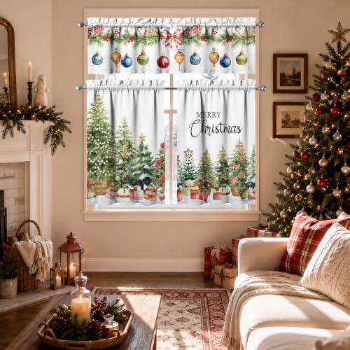 Image of Christmas Tree Kitchen Curtains 3 Piece Set Tier Valance