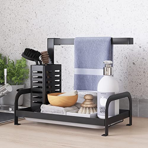 Support d'éponge de cuisine avec plateau en acier inoxydable pour lavabo, savon, brosse à récurer (Noir) Cover