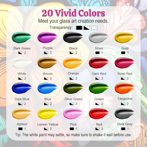 HOMY ARTY Glasfarben - 20 Farben x 30 ml mit 3 Pinseln Keramik Bemalen Set, wasserfestes Glasfarbe Set, Acrylfarbe für Glas, Keramik, Glühbirnen, Plastik und Fenster, Keramikfarbe für Weinglas