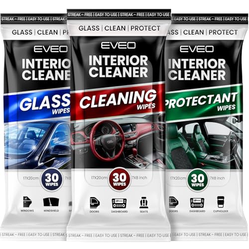 EVEO Car Wipes Interior Cleaning Kit -3-in-1 Car Cleaning Wipes Car Interior Wipes | Interior Car Wipes, Car Cleaning Kit Interior & Exterior - Protectant, Glass and Cleaning All Surfaces (90 Wipes)