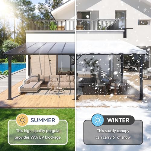 Image of 10' x 20' Lean to Gazebo Pergola, Hardtop Gazebo Metal Large Galvanized Steel Wall Mounted Pergolas on Clearance with Polycarbonate Roof, Awnings, Patio Canopy for Backyard, Deck, Porch