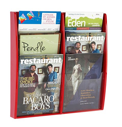 A4 Wall Mounted Brochure/Leaflet Dispenser/Rack (Red) - 6 Pockets/Compartments