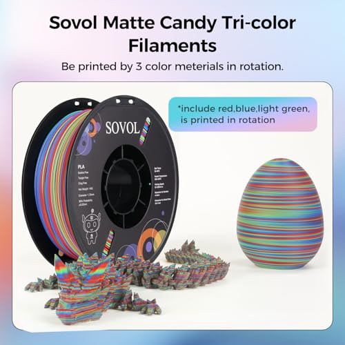 Image of Sovol Matte PLA Filament Rotated Tri Color Co-Extrusion 1.75mm, Fast Change 3D Printer Filament 1kg / 2.2lbs, Matte Red Green Blue 3 in 1 Coextrusion PLA Material + /-0.03mm