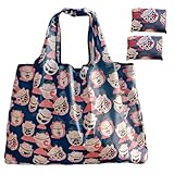 HAPPYHEIDI Paquete de 2 bolsas grandes plegables reutilizables de viaje para comestibles, lavables, asas largas, bolsa plegable, tela de nailon, gatos lindos, 001-Paquete de 2 gatos de la suerte,