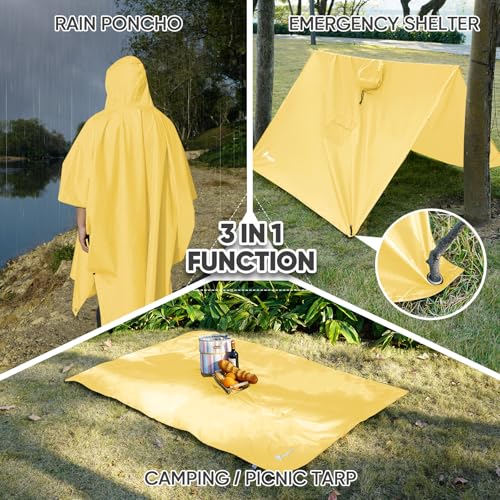 Image of PTEROMY Hooded Rain Poncho for Adult, Waterproof Lightweight Unisex Raincoat for Hiking Camping Emergency