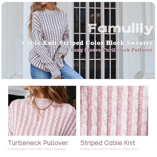 Famulily Womens Casual Long Sleeve Turtleneck Pullover Sweater Cable Knit Striped Color Block Sweater Tops4