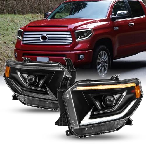 AKKON - Fits 2014-2021 Toyota Tundra [Halogen Type] Projecot Black Headlights Pair w/LED DRL Sequential Turn Signal