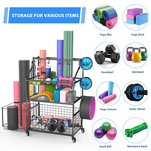 Home Gym Storage, Bergfore Yoga Mat Storage Racks, Gym Rack Organizer For Dumbbells Kettlebells Foam Roller, Yoga Strap And Resistance Band, Workout Equipment Storage Organizer With Wheels And Hooks #TOP3