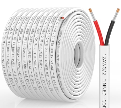 CONEPY 12 Gauge Marine Wire 12/2 Duplex Marine Grade Cable IP68 Waterproof/Oxygen-Free Tinned Copper Stranded PVC 12 AWG Wire for Boat Automotive RV Solar LED Strips (100FT)