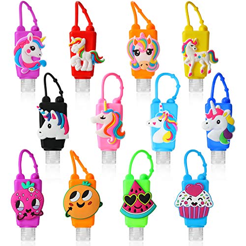 12 Pieces Kids Keychain Bottle Holder Unicorn Kids Empty Travel Bottle Cartoon Silicone Hand Bottle Container Leak-Proof Refillable Travel Container for Hand Cleansing, Toiletry, Shampoo