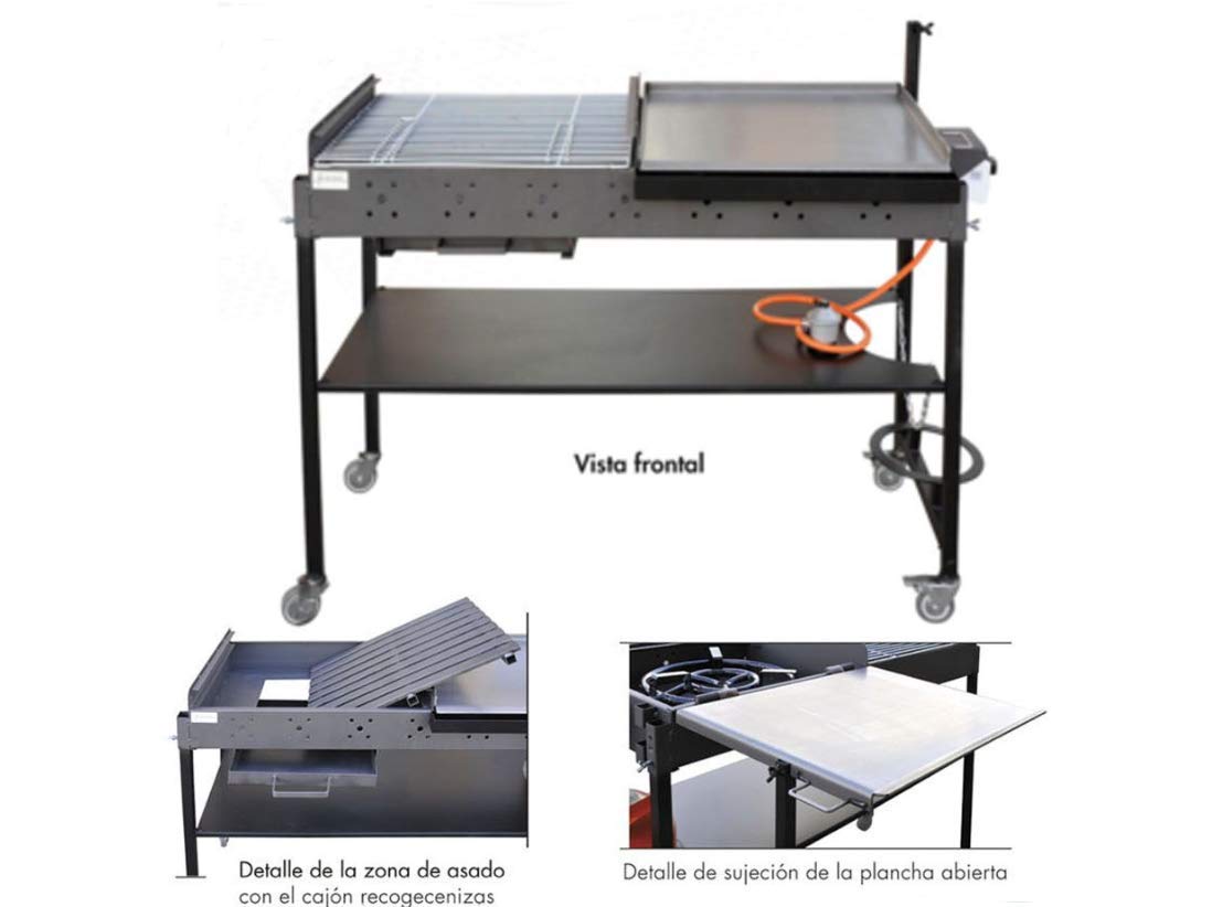 Barbacoa de Gas y Carbón Portátil con Plancha de Acero y Parrilla con Cincado Homologado | Asador Profesional de Doble Altura 1.450x1000x570 MMS | Incluye Paellero, Regulador y Manguera.