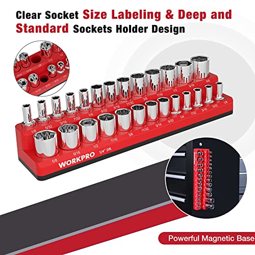 Image of WORKPRO Magnetic Socket Organizer, 1 /4-Inch SAE Socket Holder | Hold 26-Piece Sockets, Suitable for Standard and Deep Socket, Magnetic Base, No Scratches Installation, Sockets not Included