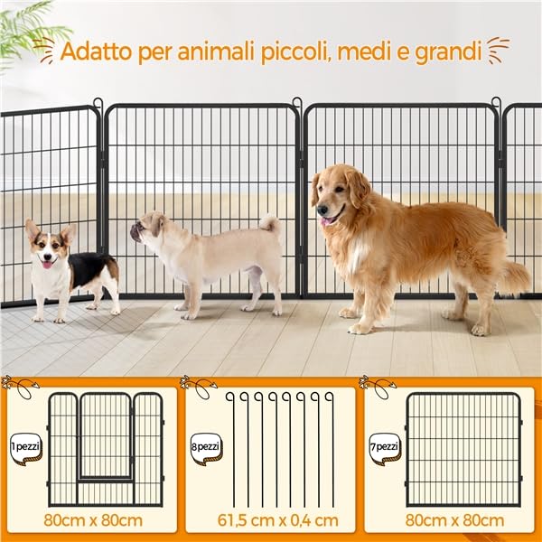 Recinto per Cani 8 Pannelli 80 x 80 cm Pieghevole da Interno e Esterno Recinzione Rete Metallica per Cuccioli Gatti Conigli Animali Domestici Nero